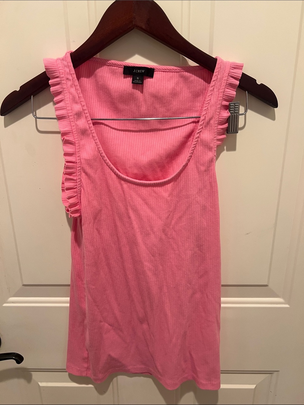 J. Crew Bright Pink Ruffle-Shoulder Ribbed Tank small